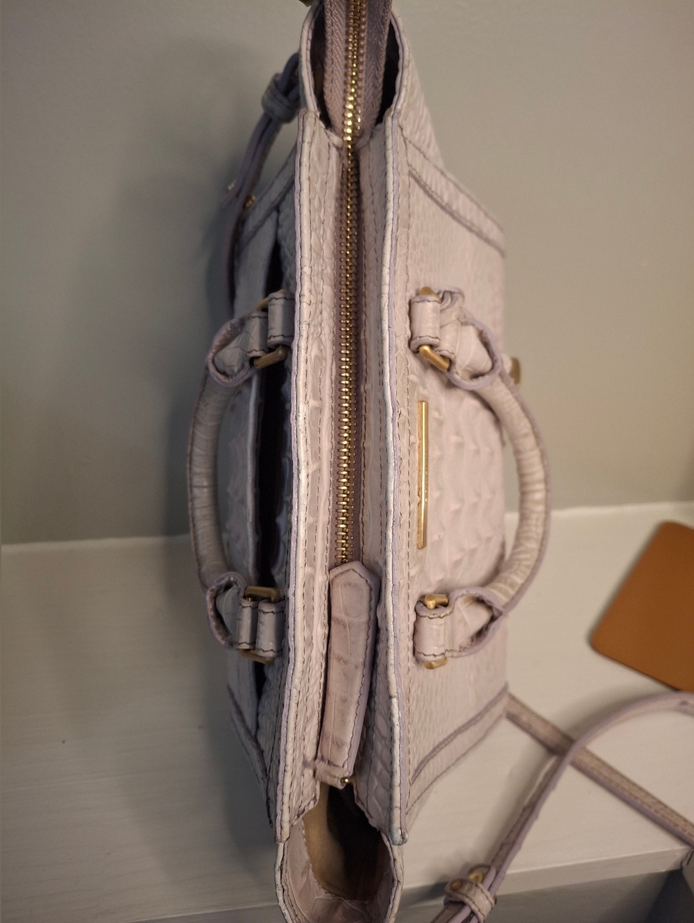 Brahmin Pale Lilac & White Embossed Leather Satchel with Gold Hardware GUC - Picture 4 of 5